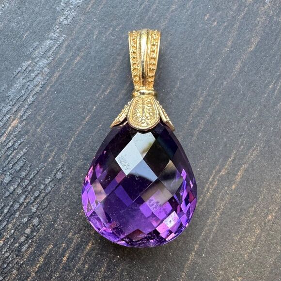 14k Solid Yellow Gold 10ct Briolette Cut Natural Amethyst Pendant Pearl Enhancer - Picture 4 of 16